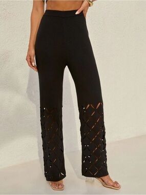 SHEIN Black Wide-Leg Lattice Cutout Pants